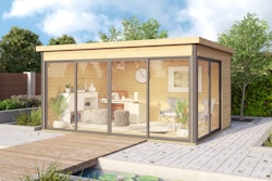 Wolff Finnhaus Gartenhaus Studio 58-D mit Alu-Eckverkleidung/Schiebetür inkl. gratis Fundamentanker/Pads