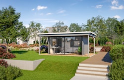 Wolff Finnhaus Gartenhaus Studio 58 Panorama mit Alu-Eckverkleidung/Doppelschiebetür inkl. gratis Fundamentanker/Pads