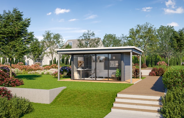 Wolff Finnhaus Gartenhaus Studio 58 Panorama mit Alu-Eckverkleidung/Doppelschiebetür inkl. gratis Fundamentanker/Pads Vorschaubild Galerie