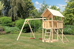 Akubi Kinderspielturm Danny inkl. Doppelschaukelanbau und Netzrampe inkl. gratis Zubehörset
