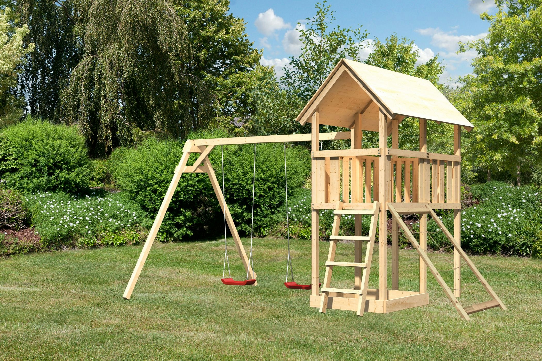 Akubi Kinderspielturm Danny inkl. Doppelschaukelanbau und Netzrampe inkl. gratis Zubehörset