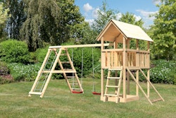 Akubi Kinderspielturm Danny inkl. Doppelschaukelgerüst und Netzrampe inkl. gratis Zubehörset
