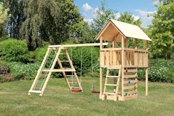 Akubi Kinderspielturm Danny inkl. Doppelschaukelklettergerüst und Kletterwand inkl. gratis Zubehörset
