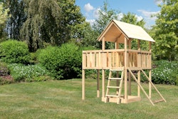 Akubi Kinderspielturm Danny mit Anbauplattform und Netzrampe inkl. gratis Zubehörset