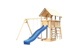 Akubi Kinderspielturm Danny mit Wellenrutsche, Doppelschaukelanbau und Kletterwand inkl. gratis Zubehörset