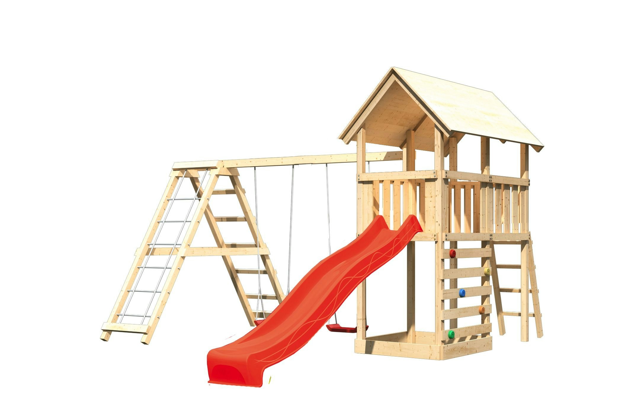 Akubi Kinderspielturm Danny mit Satteldach inkl. Wellenrutsche, Doppelschaukelanbau, Klettergerüst und Kletterwand inkl. gratis Zubehörset