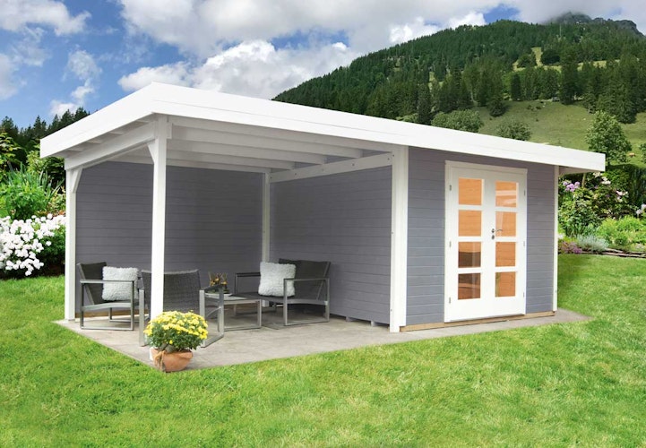 Wolff Finnhaus Gartenhaus Relax Lounge C mit 300 cm Anbau - 28 mm Bild