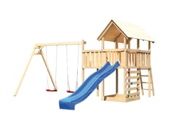 Akubi Kinderspielturm Danny mit Satteldach inkl. Wellenrutsche, Doppelschaukelanbau, Anbauplattform und Kletterwand inkl. gratis Zubehörset