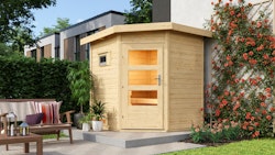 Karibu Gartensauna Pultdach Saunahaus Pekka mit Eckeinstieg naturbelassen inkl. 9-teiligem gratis Zubehörpaket