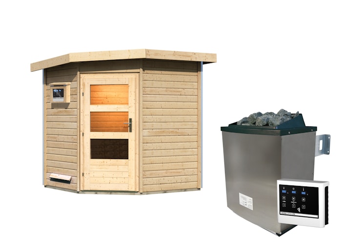 Karibu Gartensauna Pultdach Saunahaus Pekka mit Eckeinstieg naturbelassen