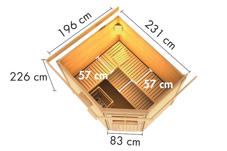 Karibu Gartensauna Pultdach Saunahaus Mikka mit Eckeinstieg naturbelassen inkl. gratis Saunaofen & 8-teiligem Zubehörpaket (Gesamtwert 1071,91€) Bild