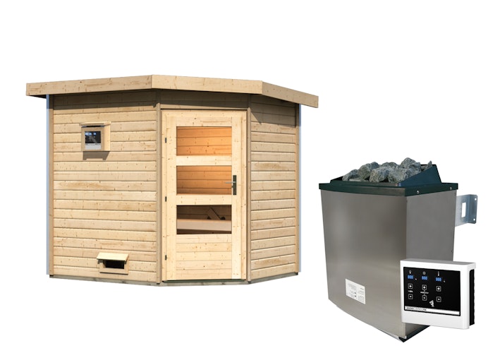 Karibu Gartensauna Pultdach Saunahaus Mikka mit Eckeinstieg naturbelassen