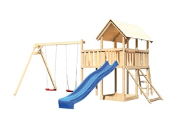 Akubi Kinderspielturm Danny mit Satteldach inkl. Wellenrutsche, Doppelschaukelanbau, Anbauplattform und Netzrampe inkl. gratis Zubehörset