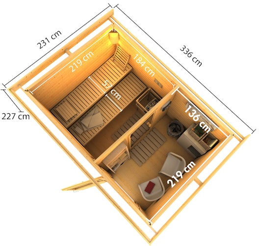 Karibu Saunahaus Skrollan 2 mit Vorraum terragrau inkl. gratis Saunaofen & 8-teiligem Zubehörpaket (Gesamtwert 741,91€) Bild