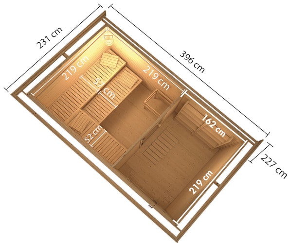 Karibu Saunahaus Skrollan 3 mit Vorraum naturbelassen (Rechteckfenster) inkl. gratis Saunaofen & 8-teiligem Zubehörpaket (Gesamtwert 741,91€)