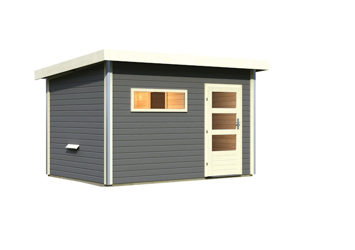 Karibu Saunahaus Skrollan 3 mit Vorraum terragrau (Rechteckfenster) inkl. 8-teiligem gratis Zubehörpaket (Gesamtwert 191,92€)