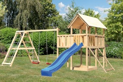 Akubi Kinderspielturm Danny mit Satteldach inkl. Wellenrutsche, Doppelschaukelanbau, Klettergerüst, Anbauplattform und Netzrampe inkl. gratis Zubehörset