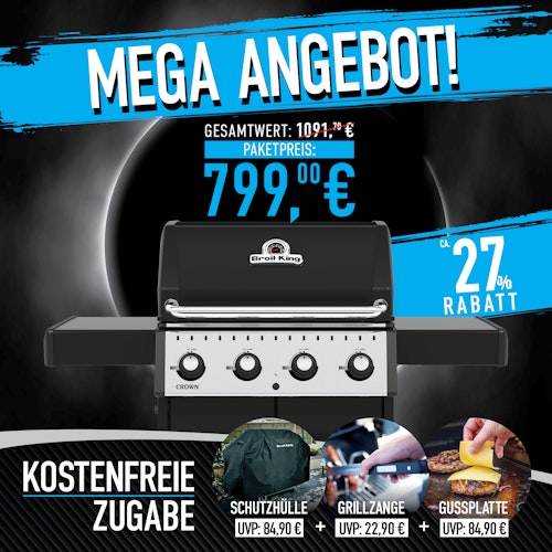Broil King Gasgrill CROWN 420 inkl. Schutzhülle, Gussplatte und Grillzange