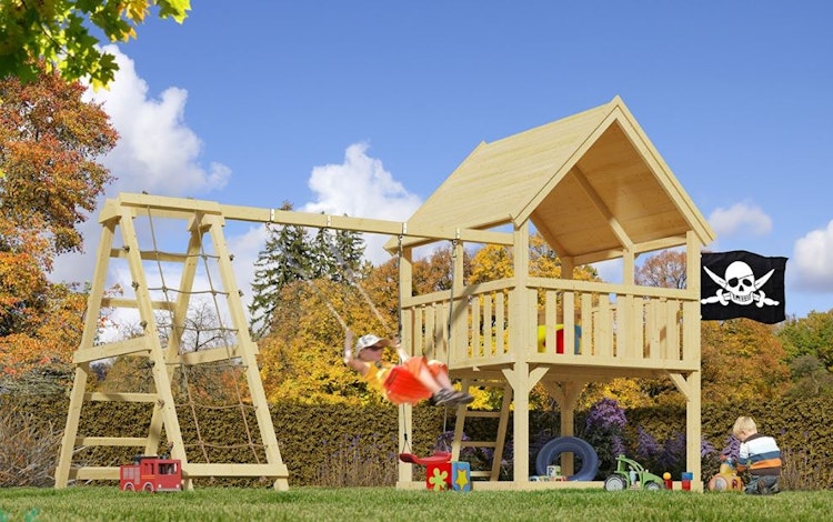 Akubi Kinderspielturm Luis mit Doppelschaukelanbau und Klettergerüst