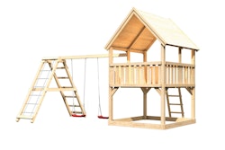 Akubi Kinderspielturm Luis mit Doppelschaukelanbau und Klettergerüst inkl. gratis Akubi Farbsystem & Kuscheltier