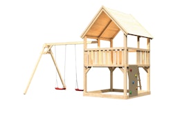 Akubi Kinderspielturm Luis mit Doppelschaukelanbau inkl. Netzrampe inkl. gratis Akubi Farbystem & Kuscheltier