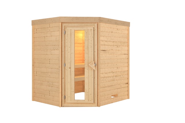 Karibu Energiespar-Sauna Maxin mit Eckeinstieg - 38 mm Massivholz inkl. 9-teiligem gratis Zubehörpaket Vorschaubild Galerie