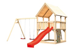 Akubi Kinderspielturm Luis mit Doppelschaukel, Kletterwand und Wellenrutsche inkl. gratis Akubi Farbsystem & Kuscheltier
