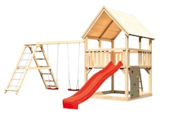 Akubi Kinderspielturm Luis mit Doppelschaukelklettergerüst, Kletterwand und Wellenrutsche inkl. gratis Akubi Farbsystem & Kuscheltier