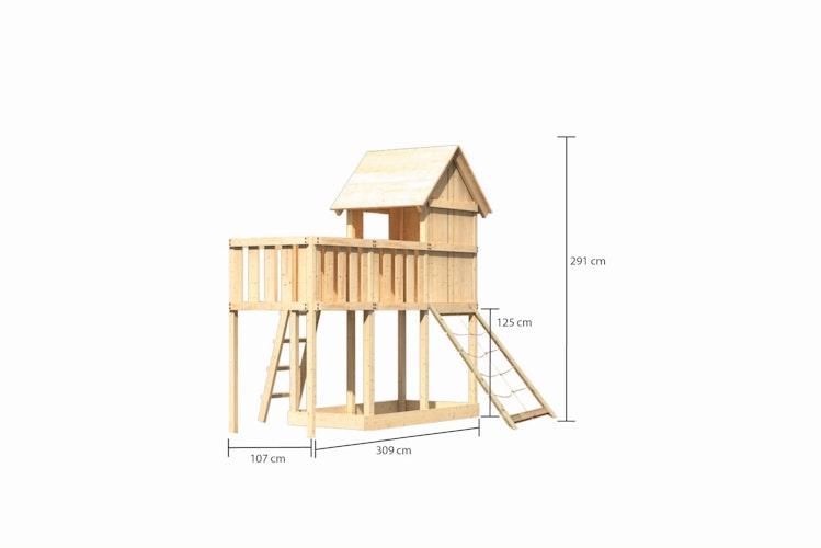 Akubi Stelzenhaus Frieda mit Anbauplattform und Netzrampe