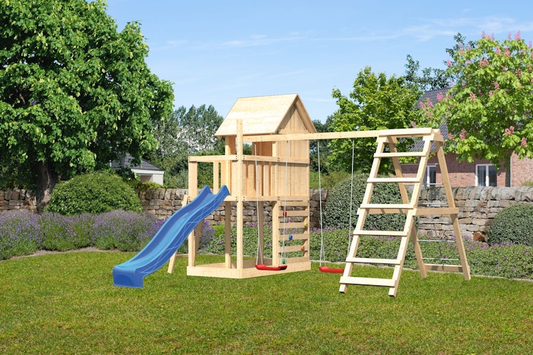 Akubi Stelzenhaus Frieda mit Wellenrutsche, Doppelschaukelanbau, Klettergerüst und Kletterwand