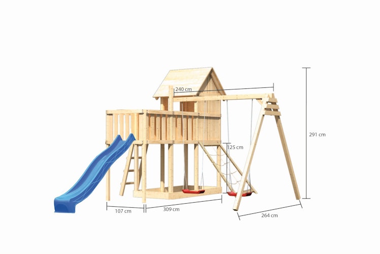 Akubi Stelzenhaus Frieda mit Wellenrutsche, Doppelschaukelanbau, Anbauplattform und Netzrampe