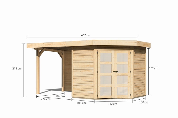 Karibu Gartenhaus Goldendorf 3/5 mit 240 cm Schleppdach + Rückwand - 19 mm inkl. gratis Innenraum-Pflegebox im Wert von 99€