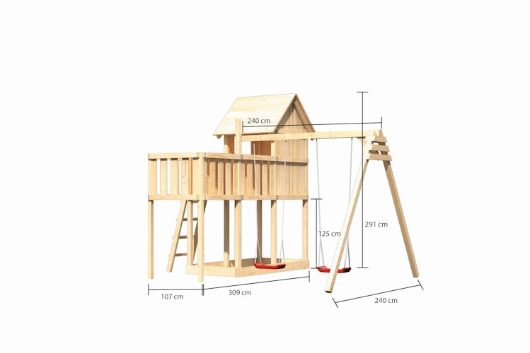 Akubi Stelzenhaus Frieda mit Doppelschaukelanbau und Anbauplattform