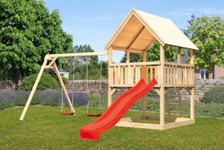 Akubi Kinderspielturm Luis inkl. Wellenrutsche und Doppelschaukelanbau (Set B) inkl. gratis Zubehörset