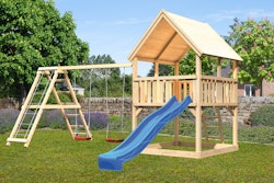 Akubi Kinderspielturm Luis inkl. Wellenrutsche und Doppelschaukelanbau mit Klettergerüst (Set C) inkl. gratis Akubi Farbsystem & Kuscheltier