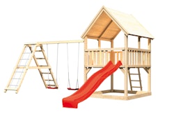 Akubi Kinderspielturm Luis inkl. Wellenrutsche und Doppelschaukelanbau mit Klettergerüst (Set C) inkl. gratis Akubi Farbsystem & Kuscheltier