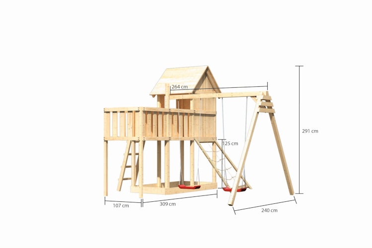 Akubi Stelzenhaus Frieda mit Doppelschaukelanbau, Anbauplattform und Netzrampe