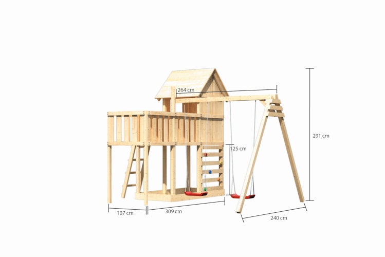 Akubi Stelzenhaus Frieda mit Doppelschaukelanbau, Anbauplattform und Kletterwand