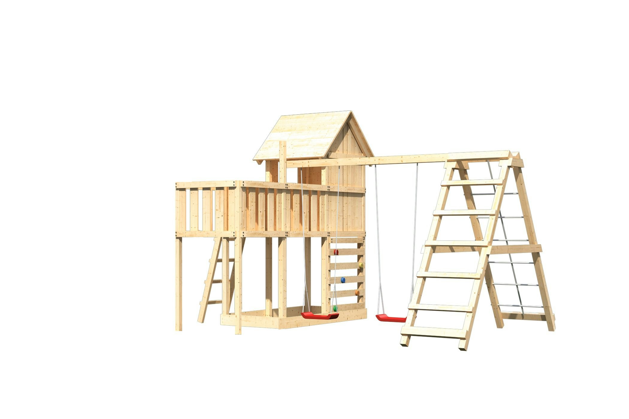 Akubi Stelzenhaus Frieda mit Doppelschaukelanbau, Klettergerüst, Anbauplattform und Kletterwand inkl. gratis Zubehörset