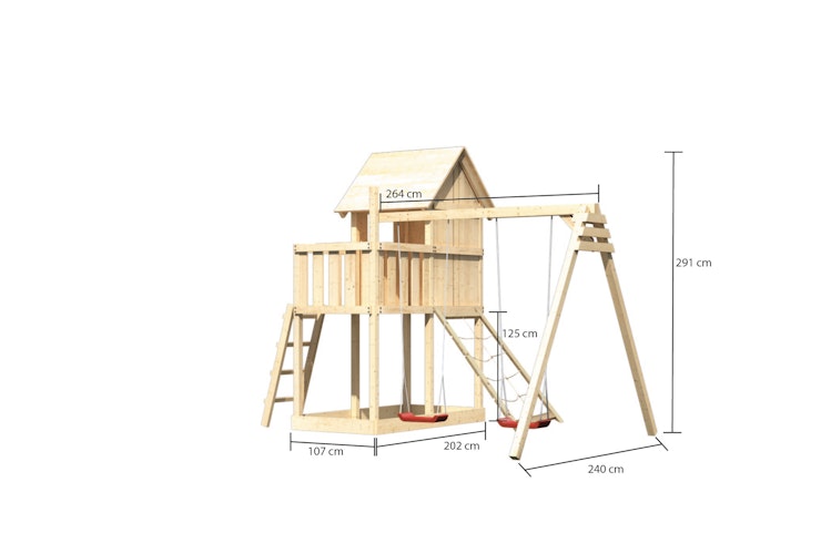 Akubi Stelzenhaus Frieda mit Doppelschaukelanbau und Netzrampe