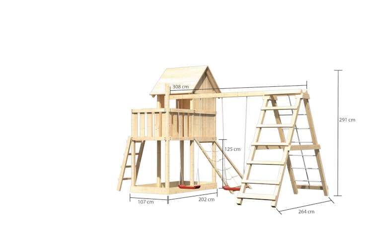 Akubi Stelzenhaus Frieda mit Doppelschaukelanbau, Klettergerüst und Netzrampe Bild