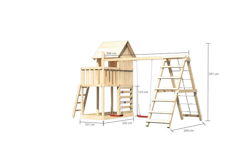 Akubi Stelzenhaus Frieda mit Doppelschaukelanbau, Klettergerüst und Kletterwand