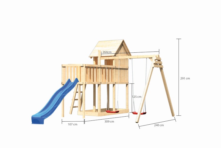 Akubi Stelzenhaus Frieda mit Wellenrutsche, Doppelschaukelanbau und Anbauplattform Bild