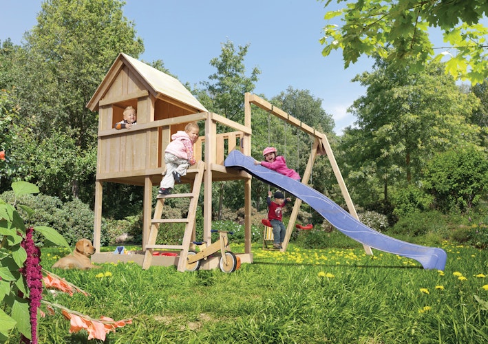 Akubi Kinderspielturm Frieda mit Rutsche und Doppelschaukelanbau (Set B)