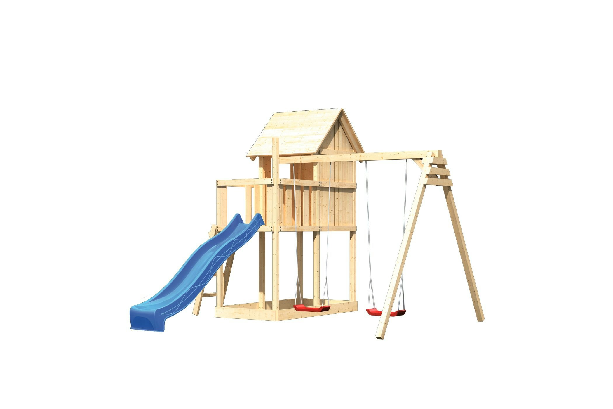 Akubi Kinderspielturm Frieda mit Anbau, Rutsche und Doppelschaukelanbau (Set B) inkl. gratis Zubehörset