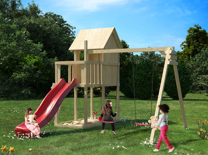 Akubi Kinderspielturm Frieda mit Rutsche und Doppelschaukelanbau (Set B)