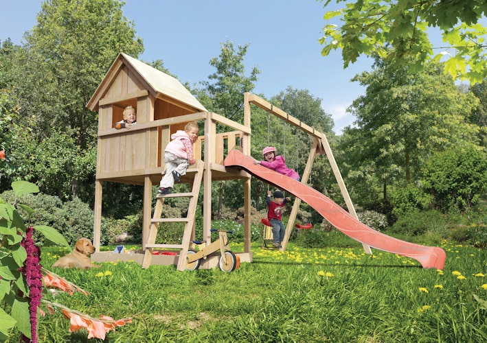 Akubi Kinderspielturm Frieda mit Rutsche und Doppelschaukelanbau (Set B)