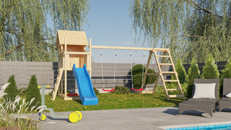 Akubi Kinderspielturm Frieda mit Anbau, Rutsche und Doppelschaukelanbau mit Klettergerüst (Set C)