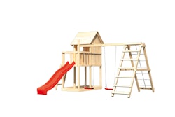 Akubi Kinderspielturm Frieda mit Anbau, Rutsche und Doppelschaukelanbau mit Klettergerüst (Set C) inkl. gratis Akubi Farbsystem & Kuscheltier