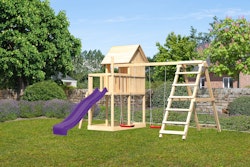 Akubi Kinderspielturm Frieda mit Anbau, Rutsche und Doppelschaukelanbau mit Klettergerüst (Set C) inkl. gratis Zubehörset